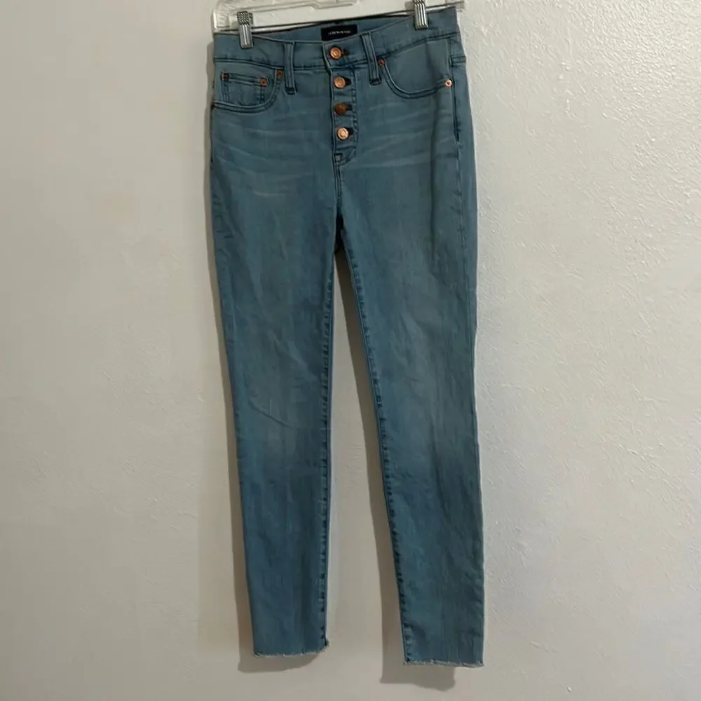 J Crew Fair Trade Certified Light Wash Button Fly Front Raw Hem Skinny Jeans 26